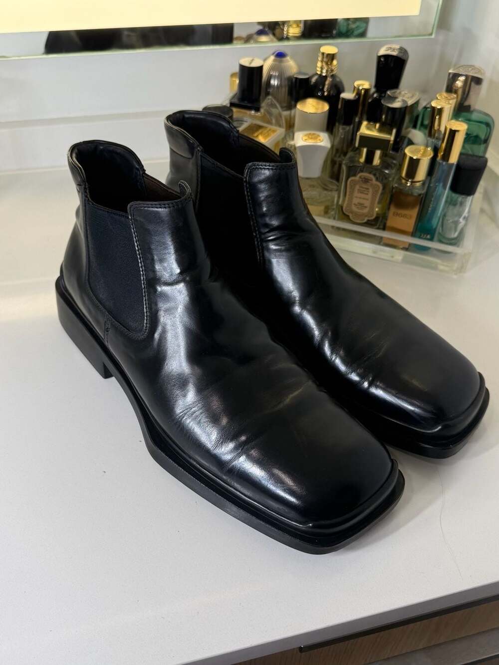 Prada Brushed Leather Square Toe Chelsea Boots